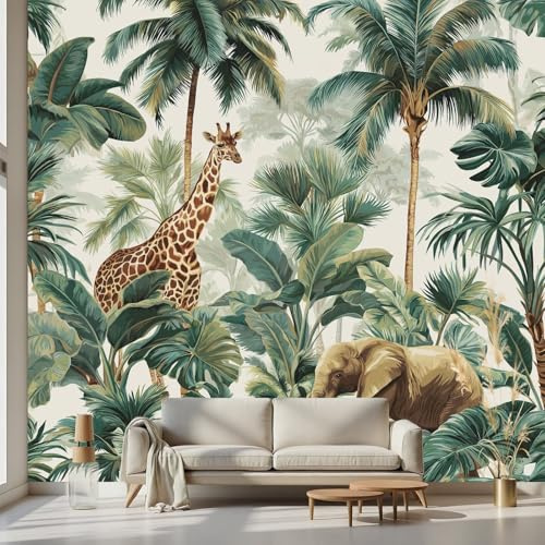 Kioldoq Papier Peint Jungle - Papier Peint Panoramique Animaux Éléphant 250x175 cm, Tapisserie Murale Autocollante Tropical Palmier, Papiers Peints Adhesif Mural Monstera Feuille Pour Salon Meuble
