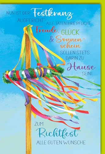 Glückwunschkarte zum Richtfest - Richtfestkarte Bunt - Festkranz mit farbenfrohen Bändern - Klappkarte mit Umschlag