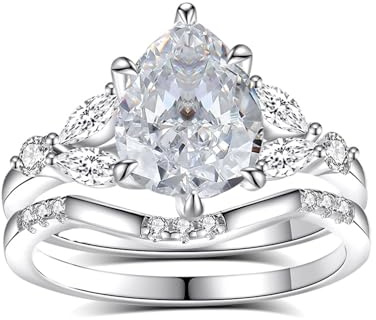 Eheringe, Weißgold Ringe Damen 9K Elegantes Crown-Ring-Set mit 2 Ct Moissanit In Tropfenform 2-Teilig Größe 56 (17.8)