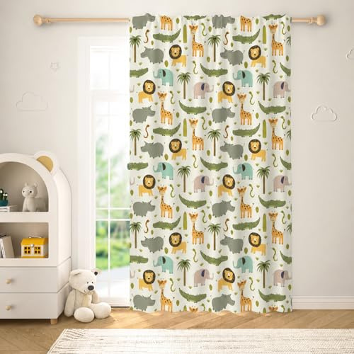 YONGFOTO Dschungeltiere Lichtfilternd Vorhang Kinderzimmer Junge Safari | Cartoon Wildtiere Zoo Halbtransparent Gardinen Jugendzimmer Jungen Mit Stangendurchzug 1 Paneel 107 x 160 cm