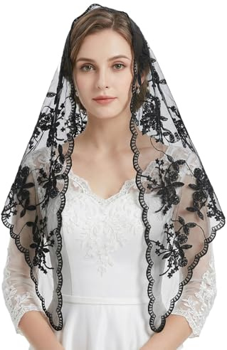IHLOOTD Mantilla Katholisch Schleier Dreiecks Schleier Kirchenschleier Hochzeitsschleier mit Spitze Elegant Brautschleier für Kirchliche, Hochzeit, Maskerade, Cosplay