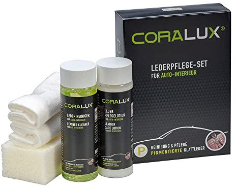 CORALUX 4-teiliges Lederpflege-Set für Autoleder, je 200 ml Reiniger und Pflegelotion, Schwamm, Tuch. LCK KERALUX