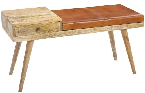 Wohnling Sitzbank Ziegenleder/Massivholz Bank 100x52x38 cm im Retro Stil, Flur Polsterbank mit Stauraum, Gepolsterte Lederbank Aufbewahrung Braun, Kleine Bettbank Echtleder, Flurbank