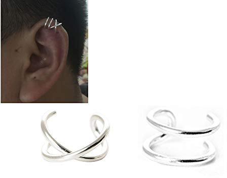 HOMEYU® 925 Sterling Silver sans Piercing Oreilles Manchette Double Lignes Oreille Manchette pour Oreille Supérieure Cartilage, Faux Conch Earring 1 Paire