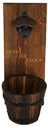 Thirsty Solutions - “Beer O’ Clock” Rustic Wall Mounted Bottle Opener and Catcher - Dark Stain Pine with Zinc Alloy Opener - Removable Wooden Bucket - Man (or Woman) Cave Ready