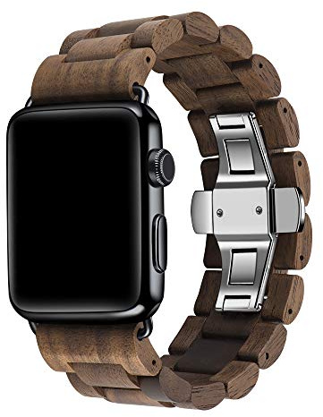 Kinobo Uhrenarmband aus Holz, kompatibel mit Apple Watch, natürliches Hartholz, verdicktes Armband für iWatch Ultra 2, SE, Serie 9, 8, 7, 6, 5, 4, 3, 2, 1, Sport-Edition, 183mm x 5mm, Edelstahl Metall
