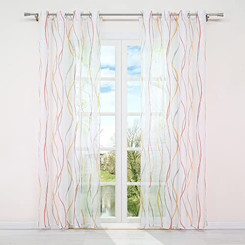 HongYa 1 Stück Voile Gardine Transparenter Vorhang mit Ösen Wellen Druck H/B 145/140 cm Bunt Orange