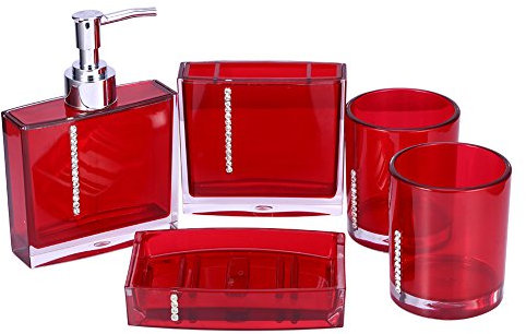 Badezimmer-Zubehör-Sets, 5tlg Badset mit Emulsionflasche, Zahnbürstenhalter, Seifenschale und 2 Gurgeln Tasse, Badezimmer-Toiletten-Set, Rot