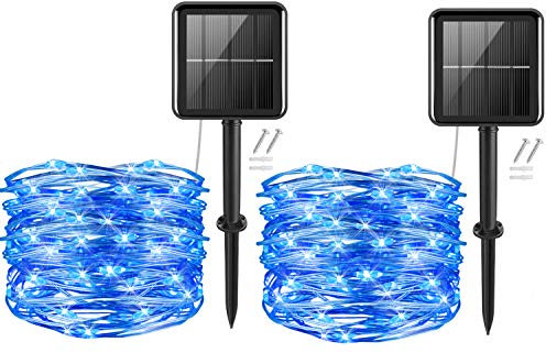 cshare Solar String Lights,2Pack 50LEDs Garden Solar Lights 16Ft/5m 8 Modes Waterproof Silver Wire Fairy Lights for Tree Patio Yard Wedding Pathway Christmas Garden in-Outdoor Decorations(Blue)