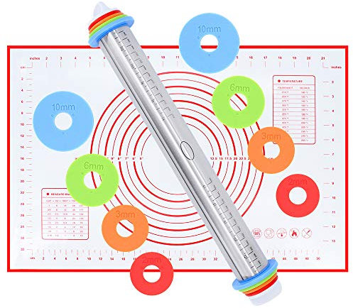Gearific - Rodillo de hornear, rodillo ajustable de acero inoxidable y juego de alfombrillas de silicona para hornear, pizza y galletas de 17 pulgadas