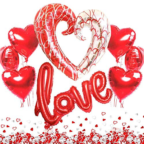 Valentinstag Deko Set XXL Dekoration Love Luftballon Rot, XXL Herz Folienballon, 6 Rote Herz Helium Folienballons und Konfetti Romantisch für Romantische Atmosphäre, Heiratsantrag und Hochzeit