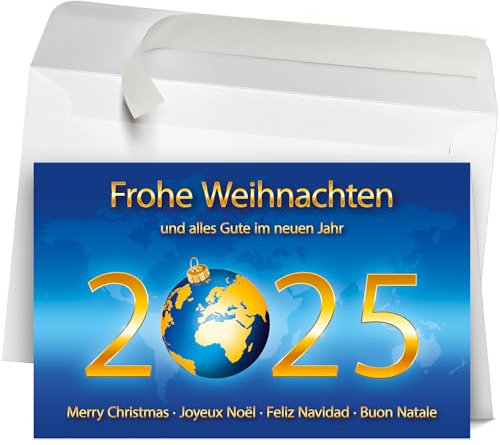 50 Premium Weihnachtskarten mit Umschlag Set für Firmen, hochwertige Klappkarten 19 x 12 cm groß, internationale Weihnachtsgrüße zum Jahr 2025