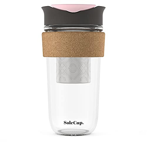 SoleCup. Large Travel Mug Loose Tea Infuser - Detachable Tea Strainer with Spill Proof Lid - 18oz/530ml BPA-Free Reusable Glass Travel Coffee Cup with Cork Band (Grey and Pink)