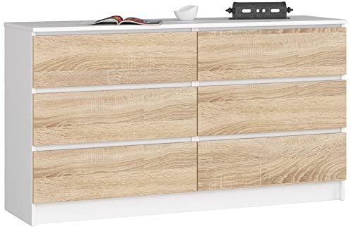 AKORD Kommode K-140 mit 6 (2 x 3) Schubladen | für das Wohnzimmer Schlafzimmer Schrank Büro Arbeitszimmer | Modernes Funktionales Design | B138 x H77 x T40 cm, Gewicht 51kg | Weiß/Sonoma-Eiche