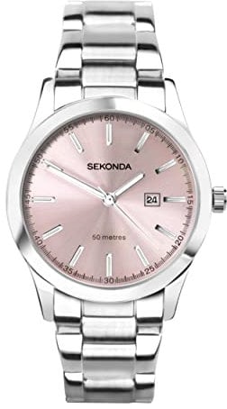 Sekonda Taylor Damen-Quarzuhr mit analoger Datumsanzeige, 34 mm, silberfarbenes Edelstahlarmband, rose, Armband