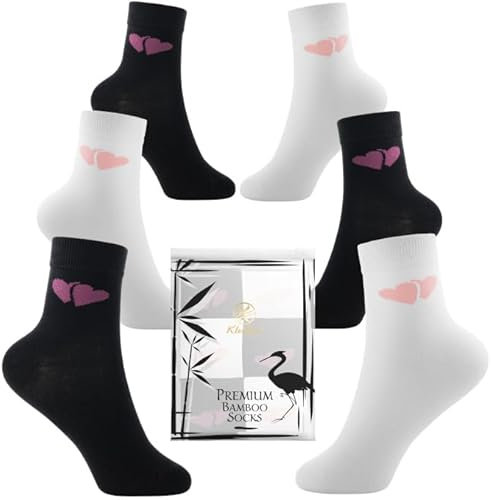Klenton Chaussettes en bambou pour filles, chaussettes respirantes avec un joli motif cœurs, coutures lisses et emballage écologique, lot de 6 paires, taille EU 31-36