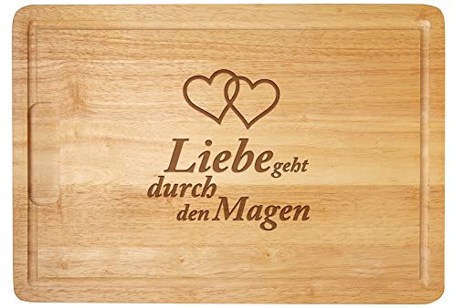Schneidebrett mit Gravur, Holz Küchenbrett Liebe geht durch den Magen, Großes Grillbrett, Holzbrett mit Saftrille, Brotzeitbrett, Hackbrett, Brotbrett, Stabiles Küchenzubehör, Geburtstagsgeschenk