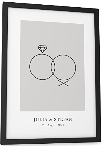 Papierschmiede® Personalisiertes Bild mit Namen und Datum | DIN A4 (21x30 cm) Bilderrahmen wählbar, Poster Geschenke fertig gerahmt, Namen, Hochzeitsgeschenke für Brautpaar „Wedding Diamond Bow“