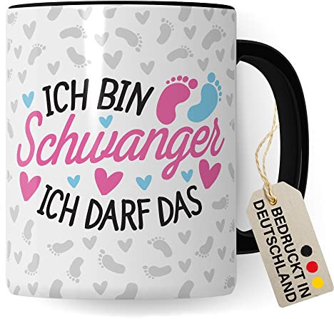 Tasse de grossesse - « Ich bin Schwanger Ich darf das » - Cadeau pour les femmes enceintes - Belle idée de cadeau pour future maman - Tasse à café (blanc/noir)