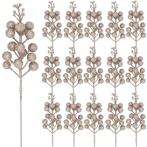 Pack of 16 Christmas Glitter Berry Stem, Artificial Berry Picks Holly Berries Branches for Christmas Tree Decoration Wreath Making Supplies DIY Crafts Holiday Season Winter Home Decor (Champagne gold)