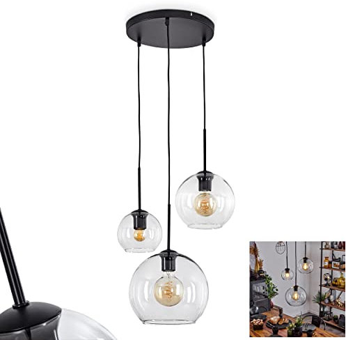 Hängeleuchte Koyoto, Hängelampe aus Metall/Glas in Schwarz/Goldfarben/Klar, Retro Design mit Schirmen aus Glas (Ø15 cm; 20 cm; 25 cm), Höhe max. 146,5 cm, 3-flammig, 3 x E27, ohne Leuchtmittel