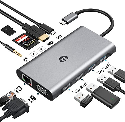 HOPDAY 11 en 1 Hub USB C, USB C Docking Station Triple Display Via VGA/HDMI, Macbook Pro/Air USB C Adapter(1G Ethernet,PD 100W,3.5mm Audio,SD/TF Reader, USB A 3.0/2.0) Dongle para DELL,HP,Lenovo