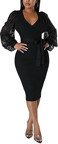 BOGURST Semi Formal Church Dresses for Women Bishop Sleeve Sexy V Neck Bodycon Midi Dresses, Ch Black, XL