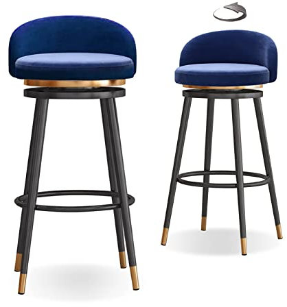 Knjlwa 2er Set Barstuhl, 360° drehbar Barhocker, Tresenhocker Bistrohocker Hocker mit Lehne und Fußstütze aus Samt Küchenstuhl mit Schwarz Metallgestell sitzhöhe 65 cm Blau Sitz