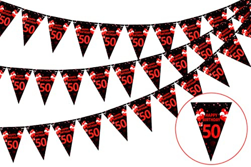 Cheereveal 3 Pack 50th Happy Birthday Wimpelkette Banner, Dreieck Flagge Rot und Schwarz, 50 Geburtstag Dekorationen, Geburtstag Wimpel Banner für Männer Frauen, Geburtstag Party Supplies