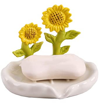 WAIT FLY Porte-savon en céramique en forme de fleur - Auto-drainant - Porte-savon décoratif - Tournesol - Blanc