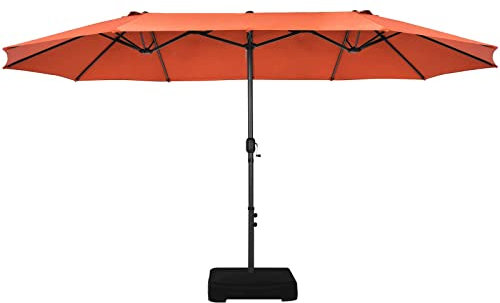TANGZON 4.5 x 2.7M Patio Umbrella and Base Weight, Double-Sided Twin Size Garden Parasol with 12 Ribs & Crank Gandle, Outdoor Cantilever Sunshade Canopy and Stand Set for Yard Market Pool (Orange)