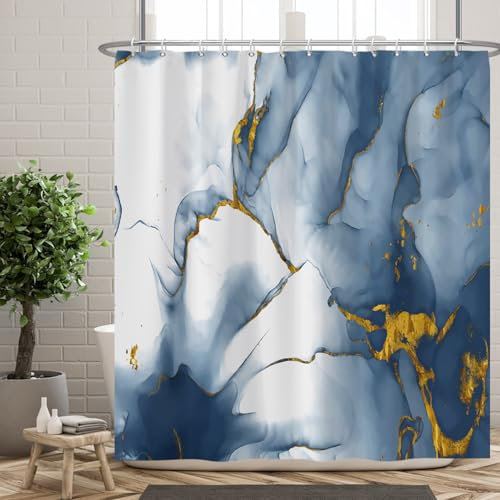 Ttincceer Marmo Tenda da Doccia Astratta Ombre Blu Inchiostro Marmo Tenda da Bagno Acquerello Blu con Motivo Oro Tende da Doccia Impermeabile Tenda da Vasca da Bagno 180x180cm