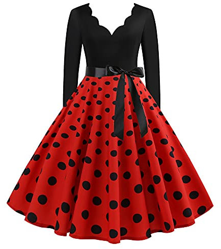 Women Dresses Clearance,Ladies 1950s Dresses UK Elegant Vintage Deep V Neck Long Sleeve Retro Cocktail Swing Rockabilly Dresses Floral Style Midi Dress Tea Party Evening Prom Dresses with Belt Red