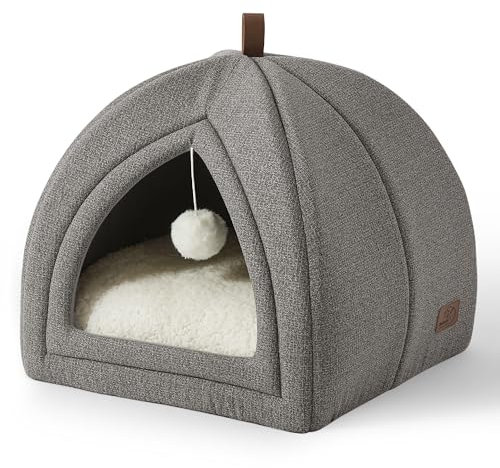 Bedsure Cama para Gatos Grande - Cueva para Gatos 40 x 40 x 40 cm, Casa para Gatos de Interior con Cojín Sherpa Extraíble y Juguete Colgante, Cama Lavable, Gris