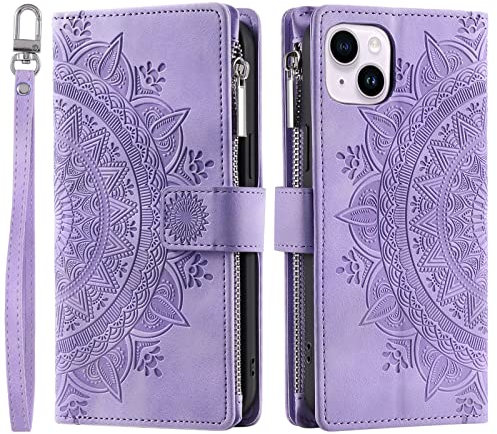 VEEMOS Wallet Case for iPhone 15 Flower Flip Case Protective Leather Folio Book Phone Cover with Card Slots Kickstand Zipper Pocket - Purple