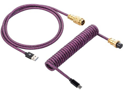 Vajra Force Sparkling Coiled USB C Keyboard Cable for Computer Keyboard, Double-Sleeved Mechanical Keyboard Cable with Detachable Metal Aviator, 1.5M USB-C to USB-A, Pruple Color with Gold Aviator
