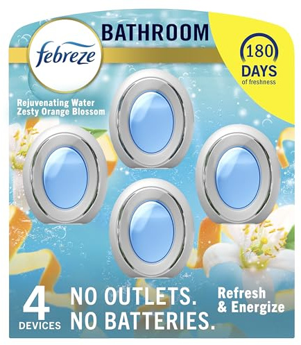 Febreze Bathroom Air Freshener, Odor-Fighting, Plug In Alternative, Air Fresheners for Small Spaces in Home, Bathroom, Kitchen, & Closet, Pet & Litter Box Odor Fighter, Refresh & Energize Scent, 4ct