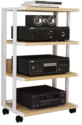 BZJPRFC 4 Tier Furniture Media Rack DVD CD Player Stand Audio Rack with Height Adjustable Wooden Frame Stereo Rack with Floor Wheels for Home Office Audio Video