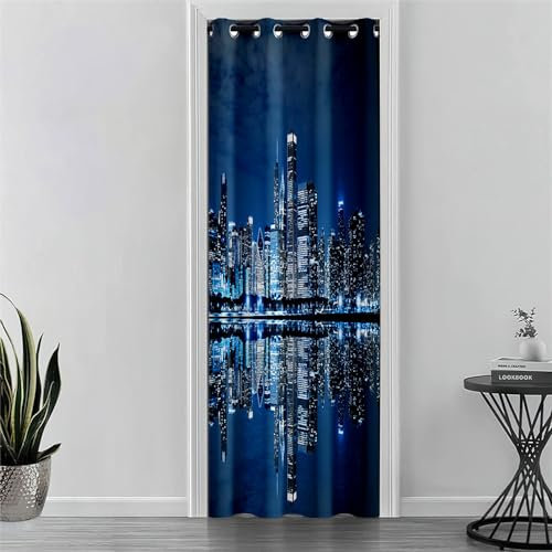 Odot Türvorhang mit Ösen, 3D-Stadtnachtszene Druck Blackout Verdunkelung Thermo Gardinen, Raumteiler Vorhang für Fenster Tür Schlafzimmer Schrank, Haus Dekoration (80x180cm,Stil N)