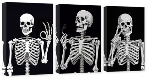 CXHOSTENT 3 Panels Totenkopf-Leinwand-Kunst Skelett-Bilder Wanddekoration Totenkopf-Hippie-Posing-Gemälde Poster Kunstwerk Dekorrahmen (Schädel - 1, 28x35cmx3Pcs)