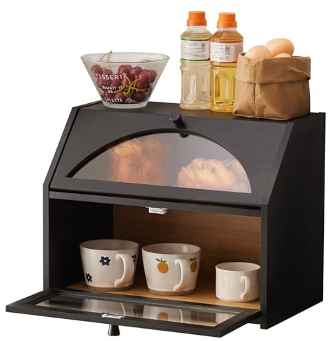 Bamboo Bread Box for Kitchen Bread Storage And Organizer Farmhouse Countertop Bread box Double Layer Bamboo Wooden Extra Large Capacity(Black)