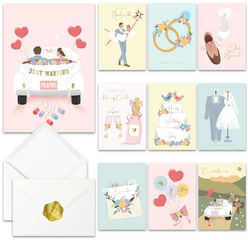 AUDREE 10 Pack Gold Foil Wedding Cards with Envelopes 5x7 - Assorted Modern Congratulations Cards for Bride and Groom, Bridal Shower, Engagement, Newlywed, and Wedding Gifts