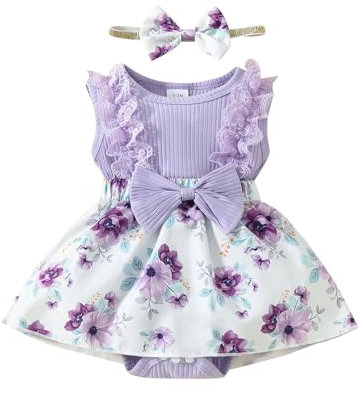 ESSECMBS 2Pz Completo Neonata Pagliaccetto Estivo Bodysuit in Pizzo, Tutina Stampa Floreale Bimba con Maniche Volant Abito + Fascia