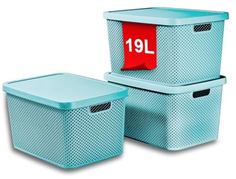 astor24 PREMIUM 3er XXL Set Aufbewahrungsbox Korb mit Deckel Organizer Ideal für Büro,Kleiderschrank, Schrank, Küche & Haushalt (Aquamarin, 3er Set 19 Liter)