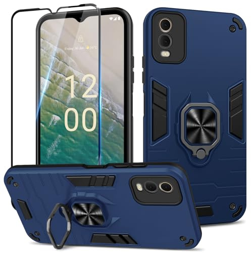 Btstring Hülle kompatibel mit Nokia C32 mit Schutzfolie, Militär Standard Stoßfest Handyhülle Case Hybrid Metall Ring Halter Schutzhülle Handy Hüllen Cover -Blau