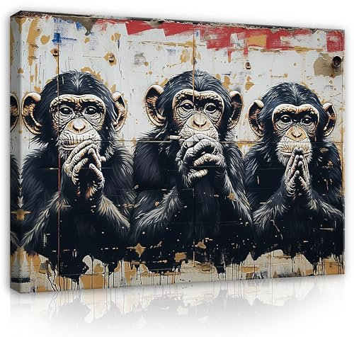 WallArena - Leinwand Bilder - Drei Affen Banksy Graffiti Street Art - 120x80 cm Leinwandbilder - Bild auf leinwand - Wandbild XXL groß Wandbilder für Wohnzimmer Schlafzimmer Wohnzimmerbilder Modern