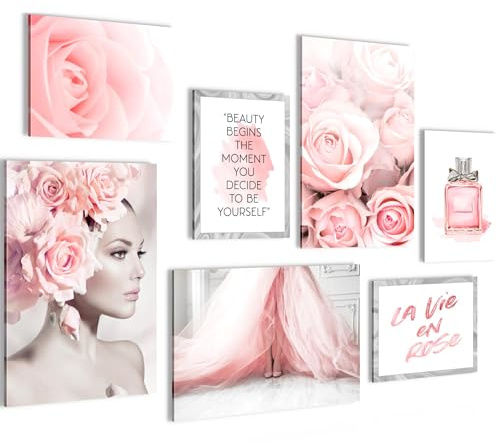 Novart Wandbilder Fashion - KOMPLETT AUFHÄNGFERTIG - Rosa Wohnzimmer Mädchen Teenager - 7 Moderne Mood-Bilder - N015872a