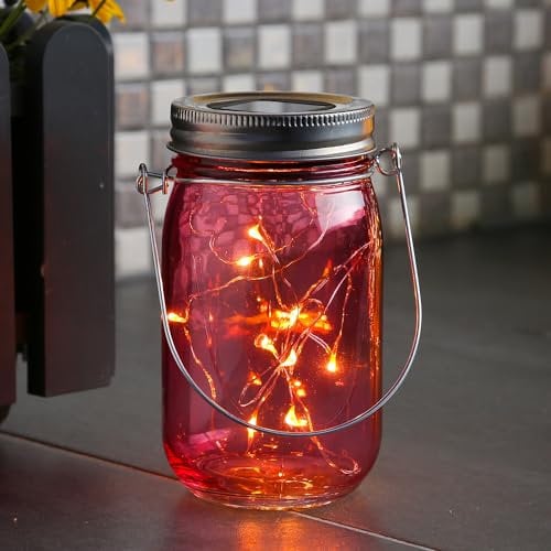 LED Solar Glas - Windlicht - mit Drahtlichterkette - Lichtsensor - H: 14cm - D: 8cm - rosa
