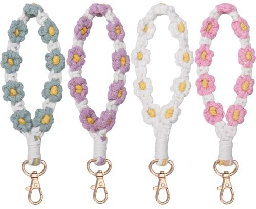 dusaniyali 4 Stück Makramee Schlüsselanhänger, Boho Schlüsselanhänger, Gänseblümchen Schlüsselanhänger Armband für Frauen Mädchen