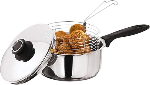3pc 20cm Stainless Steel 3L Chip Pan - Chippan Fryer Pot with Lid & Basket Durable BNIB | Professional Food Cooking | Strong Wire Mesh Basket | Easy to Clean | Induction Base